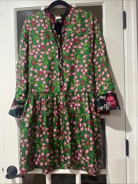 Sandro Green Floral silk Long-Sleeve Mini Dress with Pink Accents